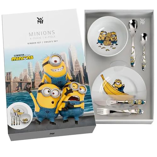 Regalo Grabado - Cubiertos Infantiles Personalizados con Vajilla | Acero Inoxidable 18/10 | Nombre y Fecha Grabados | Apto Lavavajillas | (Minions)