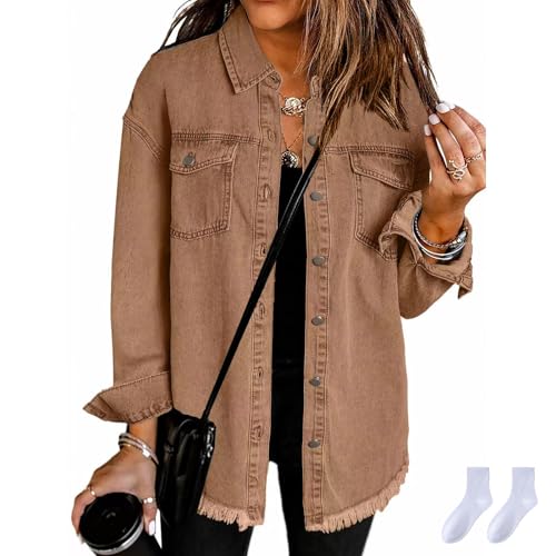 Womens Oversized Denim Jacket Distresse Jean Jacket Long Sleeve Button Up Frayed Hem Shacket Retro Western Boyfriend Coat