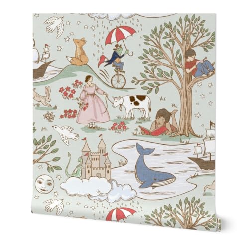 Spoonflower Peel & Stick Wallpaper 6ft x 2ft - Whimsical Fairytale Reading Story Time Storybook Children Toile Whale Frog Tree Pirate Ship Moon Custom Removable Wallpaper