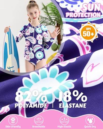 Image of Century Star UPF 50+ Girls Long Sleeve Swimsuit - Rash Guard Swimsuit Toddler Kids Teen One Piece Bathing Suit Zip 2-15Y