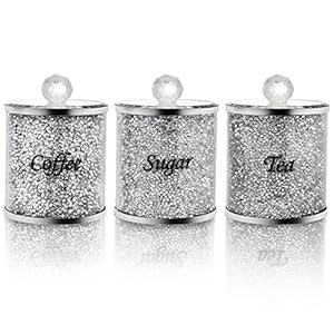 Cedilis 3 Pack Decorative Coffee Tea Sugar Canisters with Crushed Crystal Diamonds, Glass Kitchen Food Storage Containers, Bling Kitchen Jar for Kitchen Countertop Decor, Silver