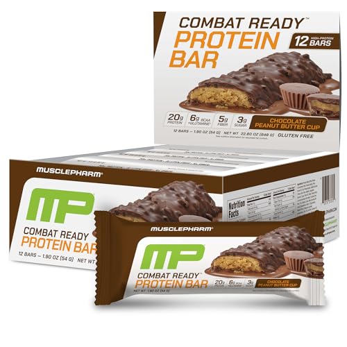MusclePharm Combat Sport Bar, Chocolate Peanut Butter Cup, High Protein Bars, Combat Cravings, Fuel Performance & Meet Energy Demands, 20g Protein from Whey Protein, 5g Fiber, Gluten Free, 12 Bars