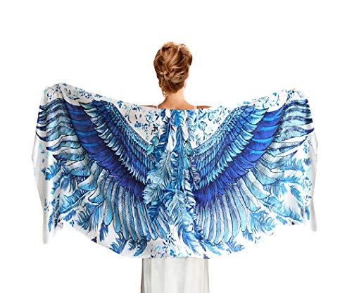Pure Silk Wearable Artistic Hand Painted Bird Wing Feather Scarf (Blue Wings)