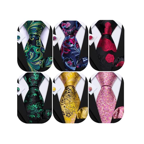 Image of Barry.Wang 6 PCS Men Ties Set Silk Business Fashion Woven Necktie Handkerchief Cufflinks Paisley Stripe Wedding Party