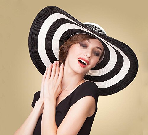 1Pcs Women's Lady Grils White+Black Striped Foldable Beachwear Wide Big Brim Elegant Sun Hat Summer Beach Straw Cap Upf 50+ #TOP6