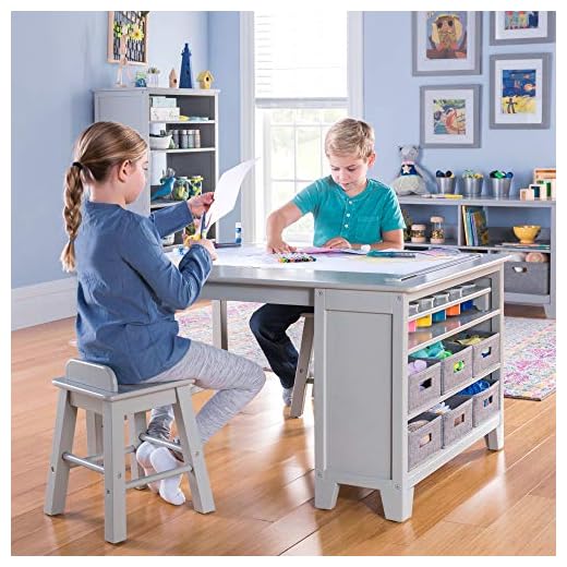 Martha Stewart Living and Learning Kids' Art Table and Stool Set (Gray) - Wooden Drawing and Painting Desk with Paper Roller, Paint Cups and Removable Craft Supplies Storage Bins