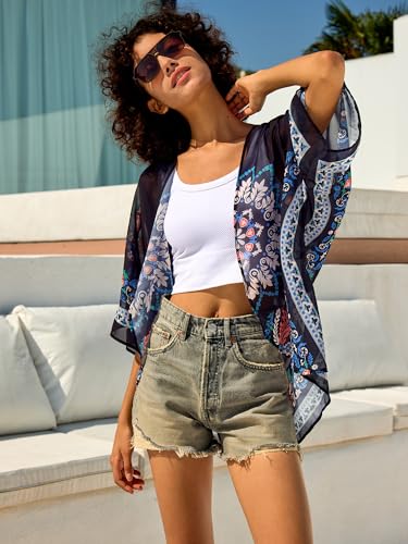 Image of Chunoy Women Floral Beach Wear Cover Up Chiffon Kimono Cardigan Open Front Blouse Top