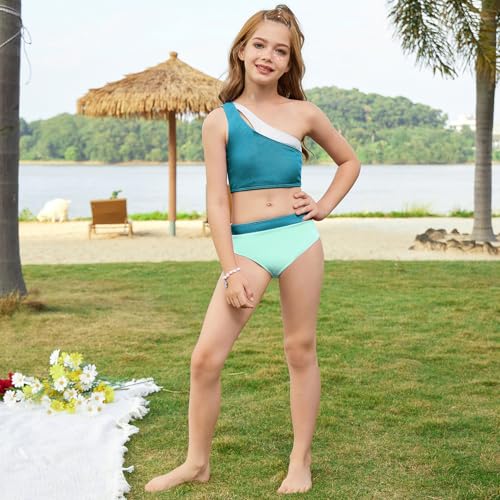 Image of Mirawise Girls Swimsuit One Shoulder Metallic Patchwork Neckline Bathing Suit 2 Piece Bikini