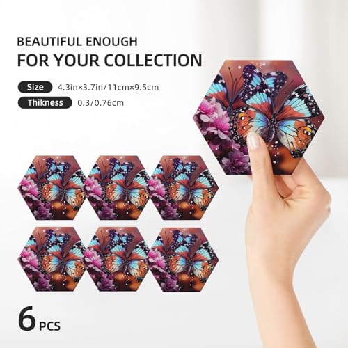 Dessous de verre hexagonaux en céramique lot de 6 avec support et motifs papillons 10,4 cm