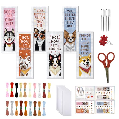 FREEBLOSS 6 Set Puppies Stamped Cross Stitch Bookmark Kits Cross Stitch Kit Embroidery Bookmarks Kit for Adults Beginners with Backing Felt Embroidery Floss DIY Bookmark Kit for Book Lovers 8x2.4''