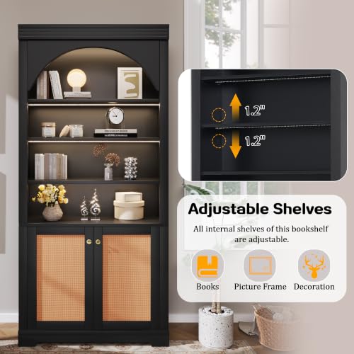 Image of Tall Bookshelf with Rattan Doors&4-layer LED Lightings (Black Rattan) | Modern Bookcase with Rattan Doors and Open Adjustable Shelves,Storage Bookshelf for Living Room,Home Office