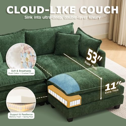 Image of 148 inch Modular Sectional Sofa, U Shaped Cloud Couch with 2 Ottomans | Comfy Chenille Deep Seat Sofa with Throw Pillows, 6 Seat Modern Couches for Living Room Bedroom Apartment, Green, 148 inch U