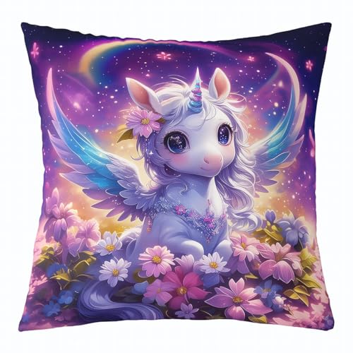 Homewish Unicorn Wings Pillow Cover 22x22 Inch Cartoon Pink Wild Daisy Pillow Case for Kids Girls Teens Dreamy Purple Sky Starry Galaxy Cushion Cover for Bed Office Sofa