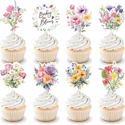 40PCS Wildflower Birthday Party Decorations, Flower Baby Shower Cupcake Toppers Floral Baby in Bloom Cupcake Picks Cake Topper Cake Decoration for Girls Women