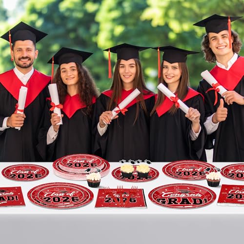 Image of QZYL 200Pcs Graduation Supplies Set 2026, Red Graduation Plates, Napkins, Dessert Plates and Plastic Forks for 50 Guests, Grad Party Disposable Tableware for Wedding, Birthday, Graduation