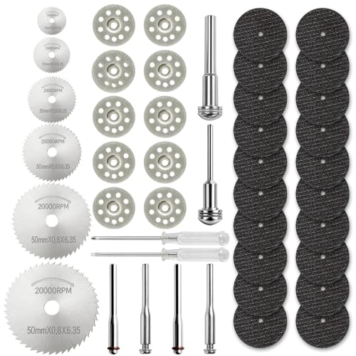 KELAV 44Pcs Juego de Discos de Corte Multiusos - HSS,Diamante y Resina,Mini Hojas de Sierra Circular para Madera,Piedra,Metal,Plástico y Vidrio,Con 6 Mandriles SC y 2 Destornilladores