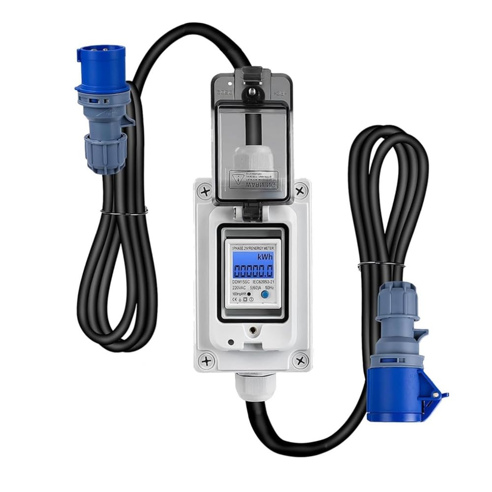 Medidor de Corriente Digital Móvil, 230V 16A Medidor de Consumo de Energía Digital con LED y Reinicio, Resistente al Agua IP65, Portátil para Vehículos Eléctricos, Caravanas, Camping, Exterior