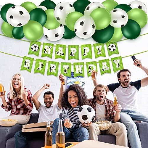 Chalyna 14 Pcs Football Party Decor, 12 Pcs Football Balloons 2 Pcs Football Birthday Banner Football Decor for Birthday Bunting Soccer Ball Latex Balloons Sport Themed Party Supplies, Green,white