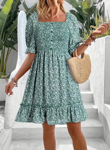 Image of Dokotoo Womens Casual Summer Dresses Short Sleeve Square Neck Smocked Boho Floral Sundress Flowy A-Line Mini Dress
