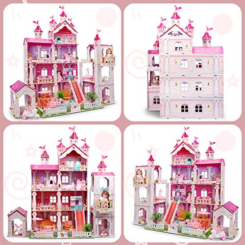 Puppenhaus Spielzeug Sets,mit 49 Stück Möbelzubehör und Lichtern. 4 Etagen Großes Puppenhausspielzeug (Höhe 102 x… – Bild 7