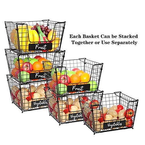3 Tier Foldable Wire Basket Xxxl Size, Stackable Fruit Vegetable Storage Basket With Name Plate Standing Metal Mesh Bin Organizer For Kitchen Counter Pantry Cabinet 14.1''L X 12.5''W X 23.6''H #TOP4
