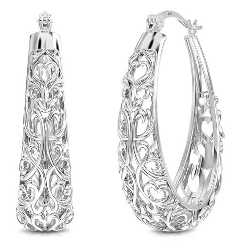 LeCalla 925 Sterling Silver Hoop Earrings for Women | Women's Filigree Hoop Earrings | Antique Oxidized Openwork Mesh Filigree Cut Earring Chunky Hoops | Hypoallergenic Vintage Filigree Oval Hoop Earrings for Women2