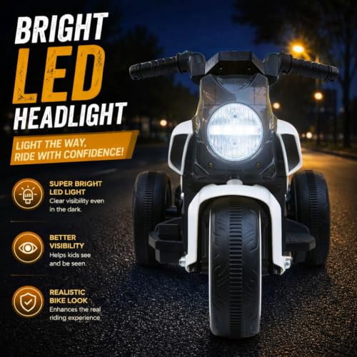 Image of MEKASHI 6V Electric Ride-On Bike for Kids | Storm White | Battery Operated Motorcycle with Bluetooth Music, LED Headlight, Foot Accelerator & Training Wheels | Ride-On Toy for Boys & Girls 1-4 Years