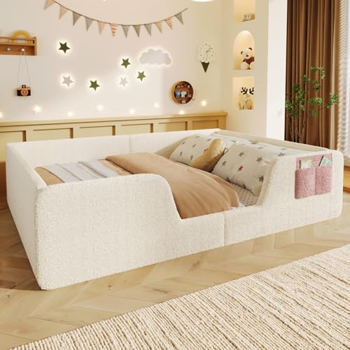 KOMHTOM Lit Enfant au Sol, Lit Montessori, Lit Capitonné en Velours, Barrière de Sécurité Amovible, Sommier à Lattes, Poche de Rangement Tissu, Design...