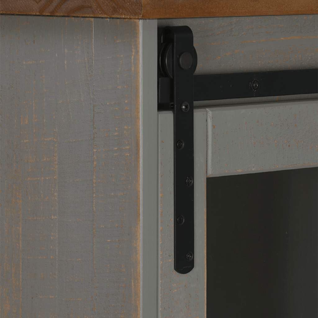 Credenza Halden in legno massello di pino grigio, 80 x 40 x 80 cm | Mobiletto compatto con anta scorrevole e 9 ripiani per vino in legno massello di pino per corridoio, cucina e soggiorno.