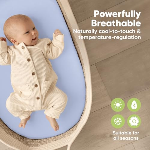 Image of 2-Pack Baby Bassinet Sheets Girl, Boy - 33x17 Viscose Derived from Bamboo Bedside Mattress Fitted Bassinet Sheets, Compatible with Halo Bassinest Swivel Sleeper, Baby Delight, Graco (Blue Flax)