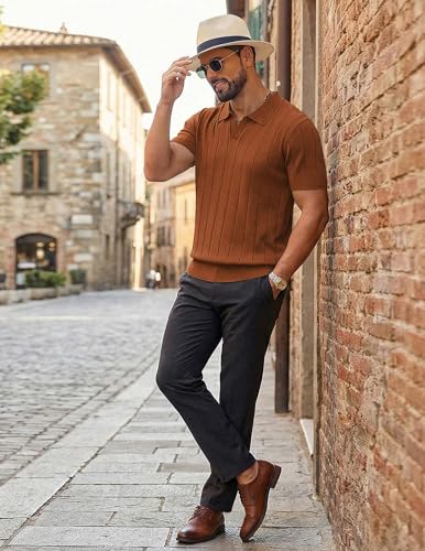 Image of COOFANDY Mens Polo Shirts Short Sleeve V Neck Knit Shirts for Men Casual Old Money Clothes Mens Golf Shirt