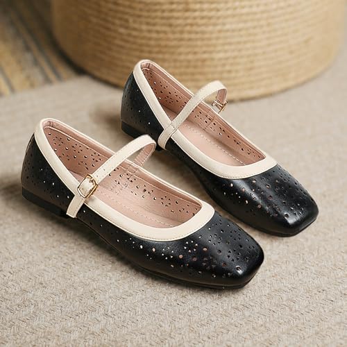 Cut-Out Women’s Square Toe Mary Jane Flats Shoes with Strap Buckle, Elegant Comfortable Slip-On Lea Ther Ballet Flats for Casual Outfits Office Daily Dress