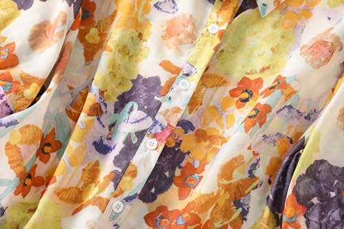 Image of Gufrina Women Mustard Multicolor Floral Print Button-Down Shirt with Elbow Sleeves and Collar Neck in Soft Breathable Fabric Ideal for Casual wear and Relaxed Styling