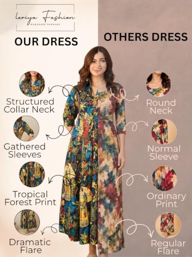 Image of Leriya Fashion Dress for Woman Rayon Printed Maxi Dress | V Neck Half Sleeve Flared Casual & Party Look Long Dress