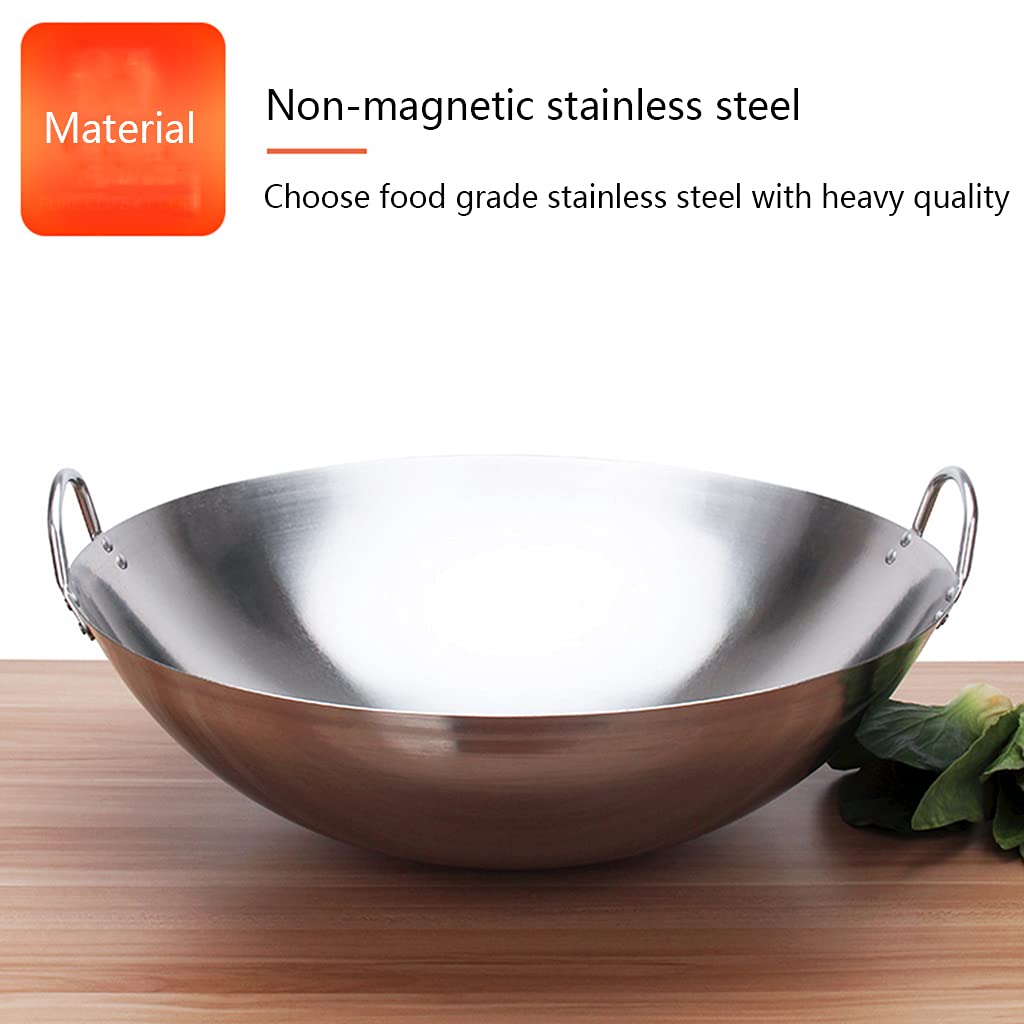 Wok Professionale in Acciaio Inossidabile Spesse Extra con Copertura Piana 50-70cm commestibile Non Magnetico Fondo Tondo pentola Senza Fumo Adatto per Mensa,Ristorante,Cucina
