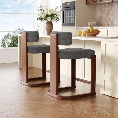 Image of Bar Stools Set of 5, Upholstered Counter Height Bar Stools, Mid Century Modern Counter Stools with Curved Backrest, Solid Wood Legs, 26 inch Bar Chairs for Kitchen Island Bar, Dark Grey