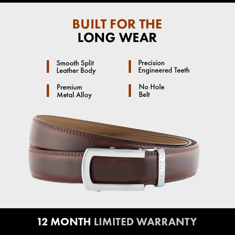 Image of HALDEN BURLEY Men's Brown Ratchet Belt | Auto-Lock Leather Formal Belt with Magnetic Buckle | Adjustable Free Size Fits Up to 44 Inch Waist