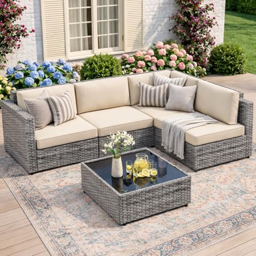 JAMFLY 5-Piece All-Season Wicker Patio Sofa Set with Thick Cushions &...