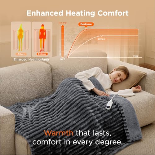 Image of Bedsure Heated Blanket Electric Throw - Thick Striped Flannel Electric Blanket, Heating with 4 Time Settings, 6 Heat Settings, and 3-Hour Timer Auto Shut Off, Gift for Grandma (50x60 inches, Grey)