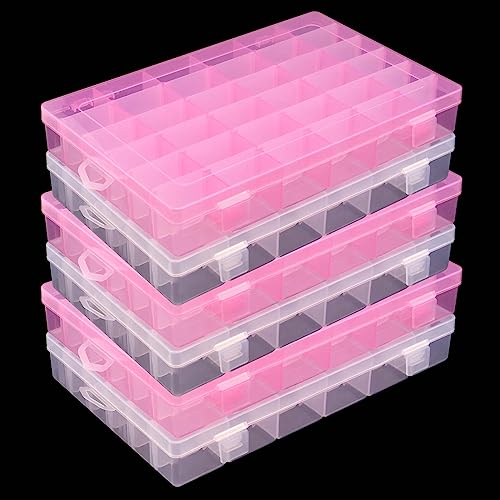 Image of JAPCHET 6 Pack 36 Grids Plastic Storage Box, 2 Colors Bead Storage Box with Adjustable Dividers Plastic Bead Organizer Box for Beads, Buttons and Earrings, Pink and Clear