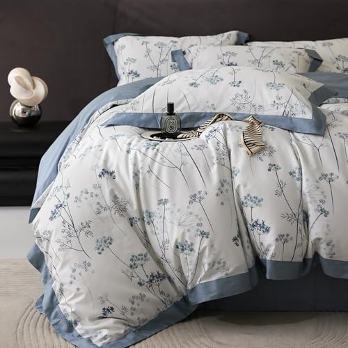 Vm Vougemarket Blue White Duvet Cover Set King With Dandelion Botanical Comforter Cover With Zipper Closure,3 Pieces Cotton Bedding Set thumb #4