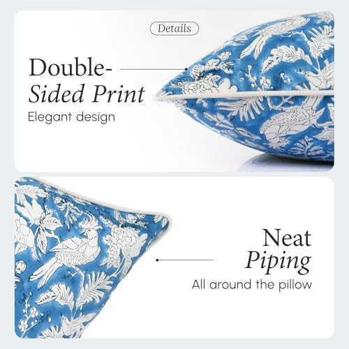 CPC 100% Cotton Throw Pillow Covers 20x20 Inch, Set of 2 Blue Block Print Pattern Couch Pillow, Cute Boho Decorative Pillows for Living Room, Bedroom with Hidden Zipper- Blue Sapphire