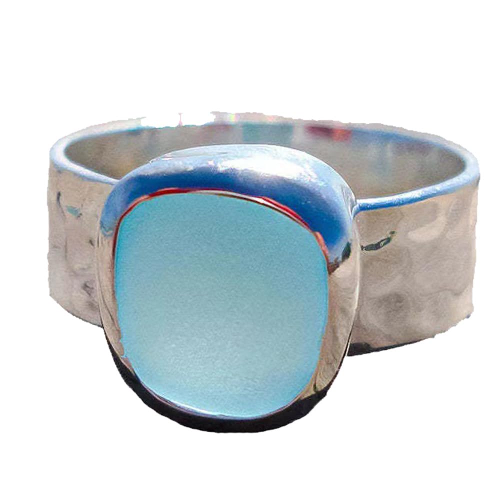 Irregular Sea Glass Wide Band Ring, 925 Sterling Silver Sea Ocean Ring, Minimalist Ocean Blue Wide Band Ring, Blue Glass Ring Jewelry