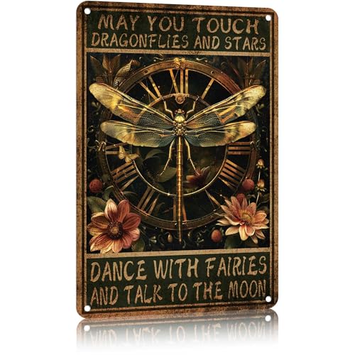 Vintage Dragonfly Wall Decor Metal Tin Signs “May You Touch Dragonflies And Stars Dance With Fairies And Talk To The Moon” Wall Art - Nostalgic Dragonfly Gifts for Women/Home/Cafe/Bedroom/Living Room