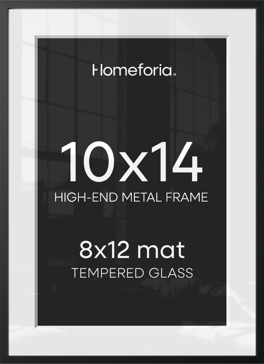 Homeforia 10x14 Black Picture Frame, High-End Metal, 8x12 Mat, Glass | High End Aluminum, Tempered Glass, Acid-Free 8x12 Removable Mat, 10x14 in Edge-to-Edge Display 14x10, Wall Kit, Set Of 2