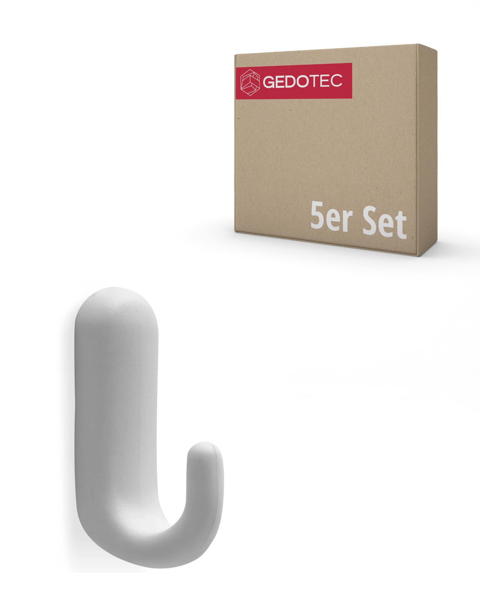 Gedotec Coat Hooks Plastic GA98 Single Hooks Pack of 5 Including Mounting Material White Matt Hooks Invisible Mounting for Wardrobe and Wall Mounting Modern