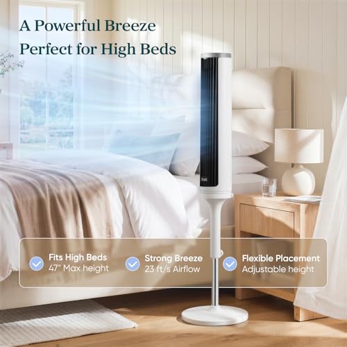 Image of LEVOIT Tower Fan for Bedroom, Standing Fan with 36 inch-47 inch Adjustable Height, 90 Oscillating Room Fan, 28dB Quiet for Sleep, 23 ft /s Velocity, 5 Speeds 4 Modes, 12H Timer, Remoter, for Home, White