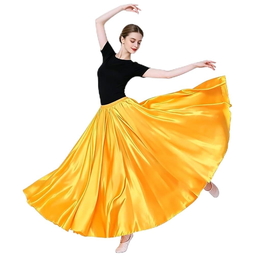 Leemiman Women's Yellow 360 Degree Shining Satin Belly Dance Skirt Long Skirts Dancer Practice Wear (Yellow)
