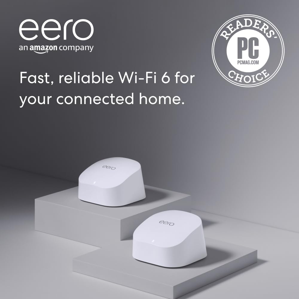 Amazon eero 6 mesh wifi system - Supports internet plans up to 500 Mbps, Coverage up to 3,000 sq. ft., Connect 75+ devices, 2-pack (1 router + 1 extender)