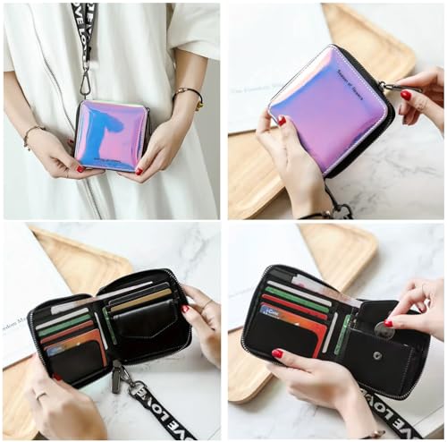Women PU Faux Leather Fashion Holographic Shiny Laser Zip Around Wallets Coin Purse with Neck Lanyard (Blue)2